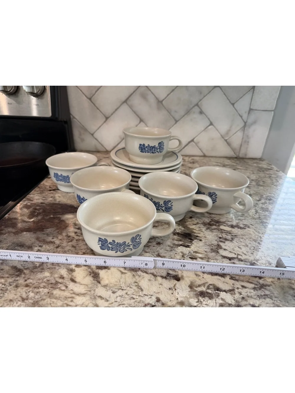 Pfaltzgraff Blue Floral Stoneware Tea Cups and Saucers Set of 6